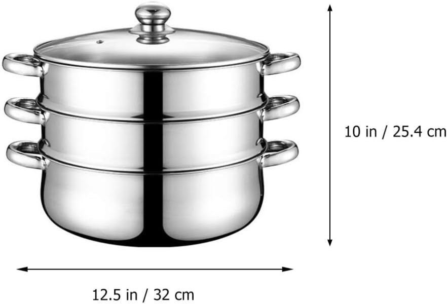 32CM Stainless Steel 3-Tier Vegetable Steamer Pot for Seafood, Vegetables, and Dumplings