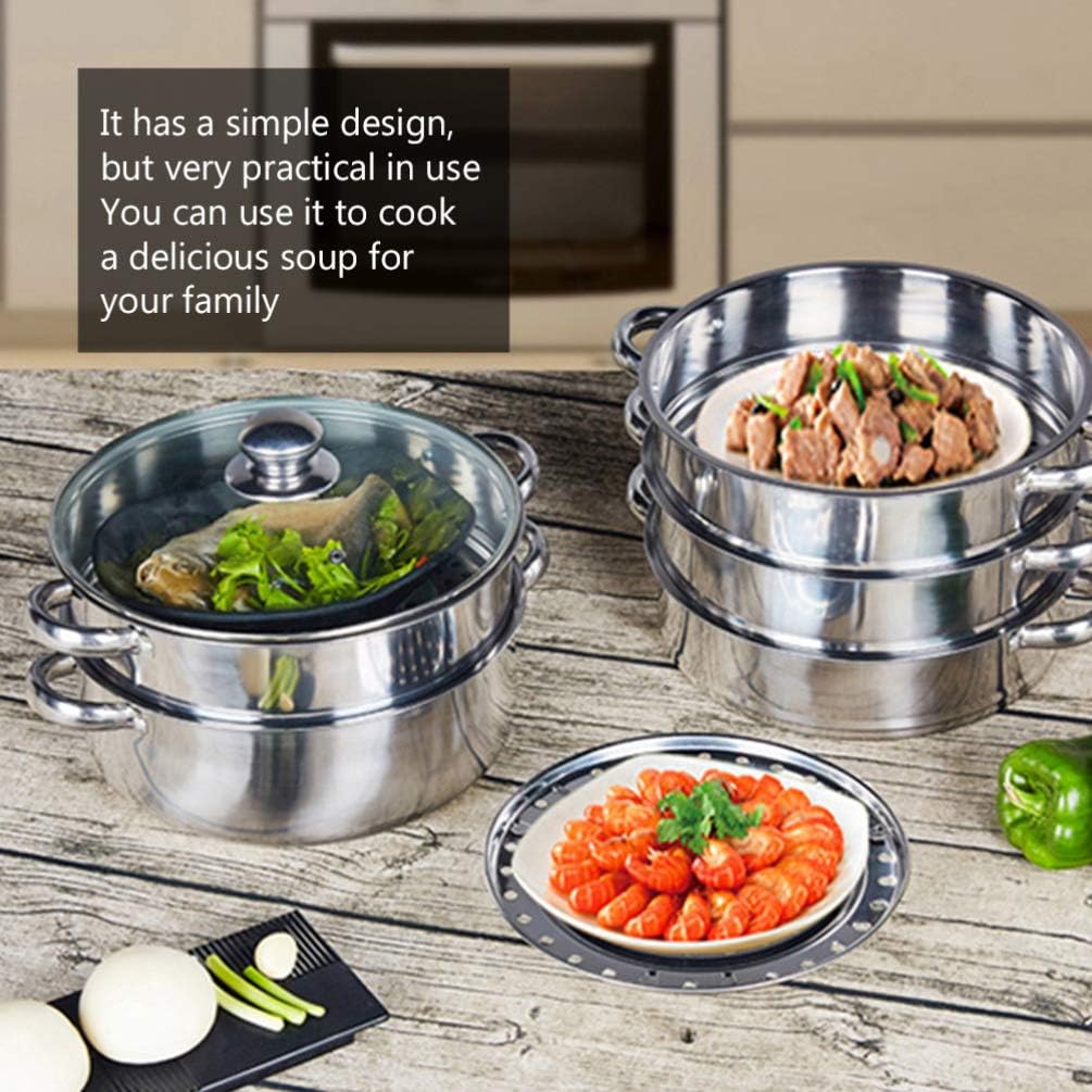 32CM Stainless Steel 3-Tier Vegetable Steamer Pot for Seafood, Vegetables, and Dumplings