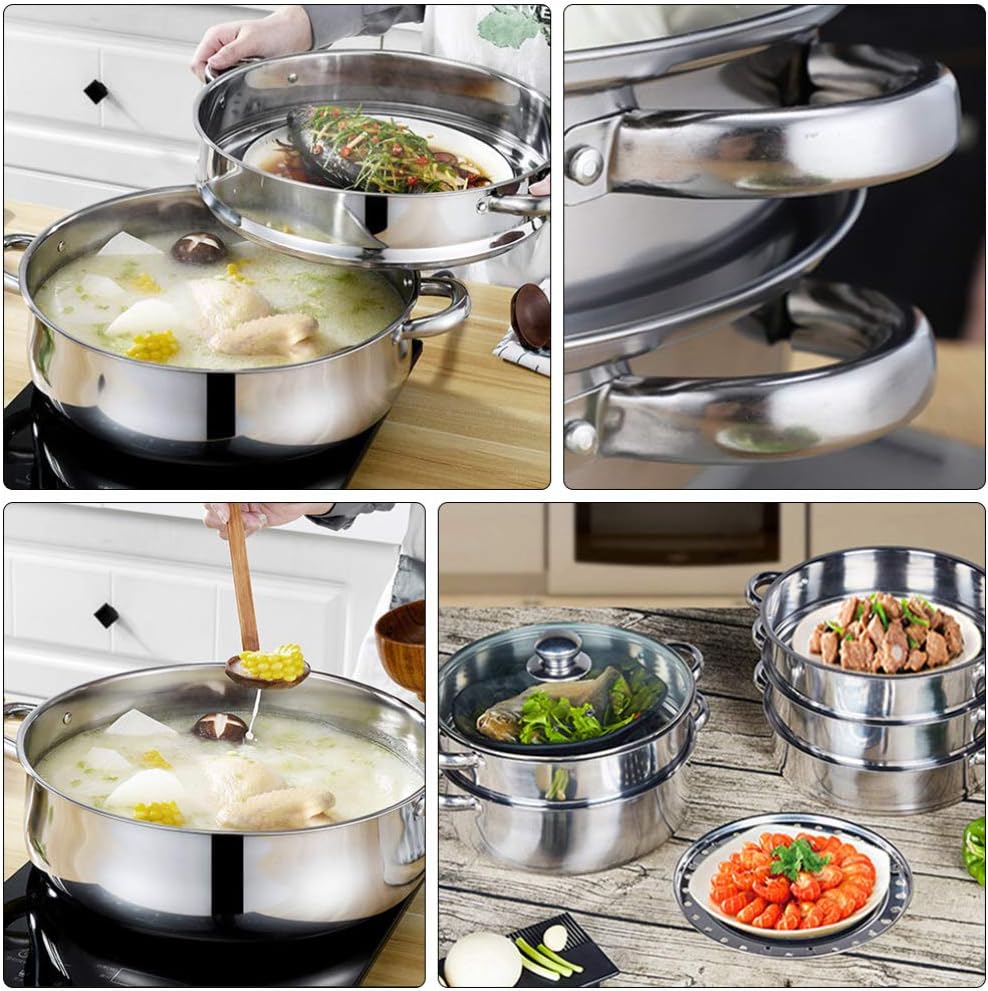 32CM Stainless Steel 3-Tier Vegetable Steamer Pot for Seafood, Vegetables, and Dumplings