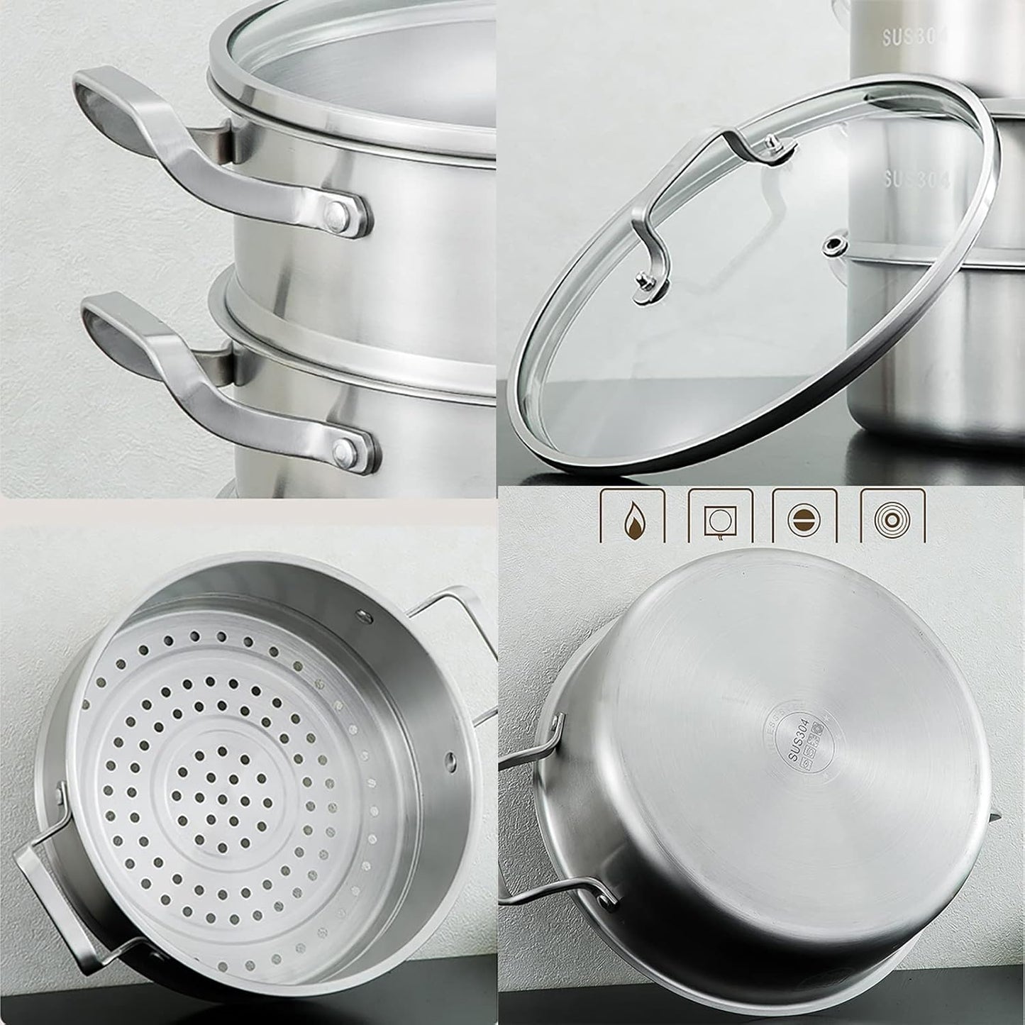 32CM YJYLYHY Steamer Cookware/Soup Pot/Hot Pot - Food Grade 304 Stainless Steel, Thickened Bottom - Ideal for Steamed Buns and Stewed Chicken Soup