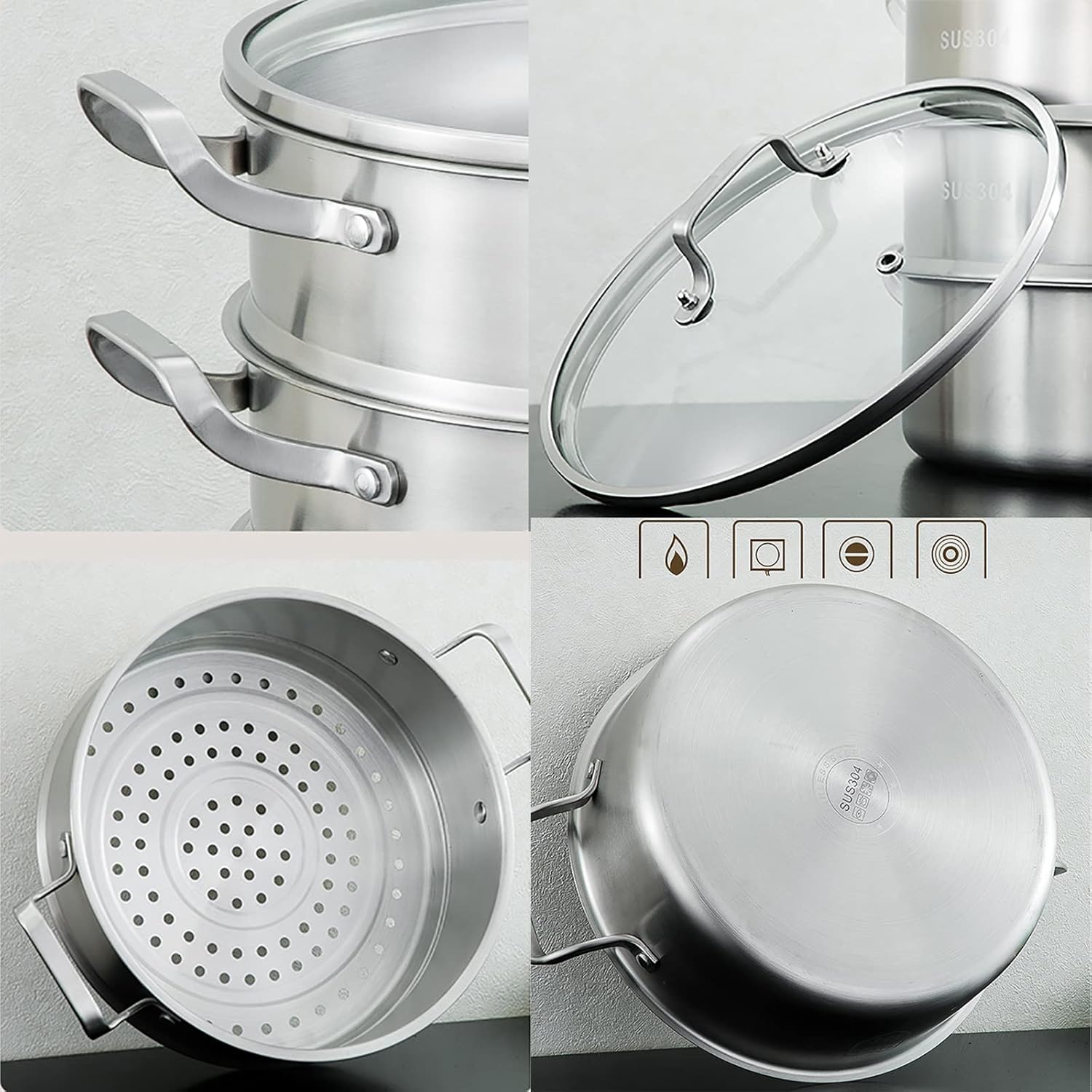 32CM YJYLYHY Steamer Cookware/Soup Pot/Hot Pot - Food Grade 304 Stainless Steel, Thickened Bottom - Ideal for Steamed Buns and Stewed Chicken Soup
