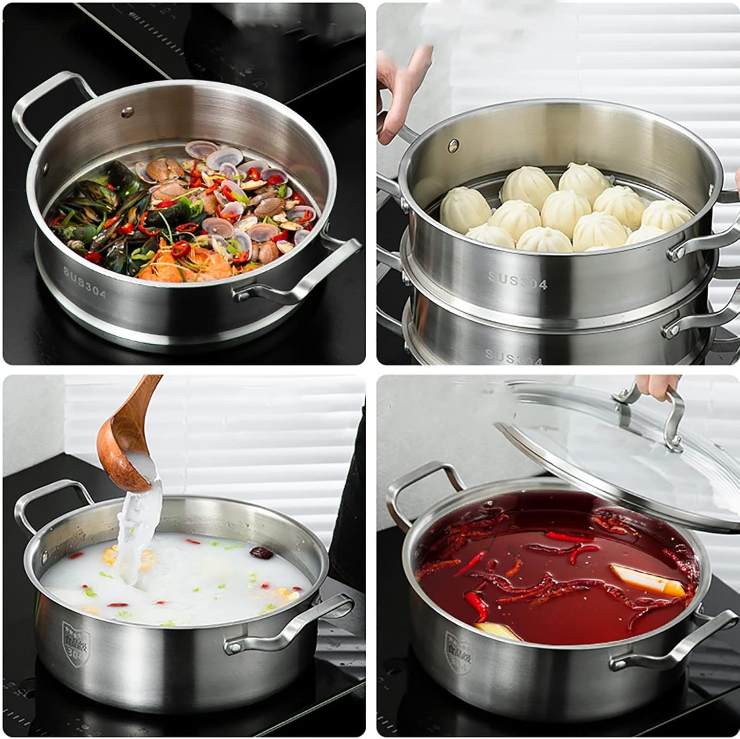 32CM YJYLYHY Steamer Cookware/Soup Pot/Hot Pot - Food Grade 304 Stainless Steel, Thickened Bottom - Ideal for Steamed Buns and Stewed Chicken Soup