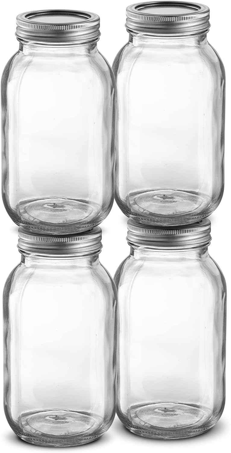 32oz Glass Canning Jars with Lids and Bands - Regular Mouth Mason Jars for Preserving Food, Juice, Jam, Honey - Set of 4