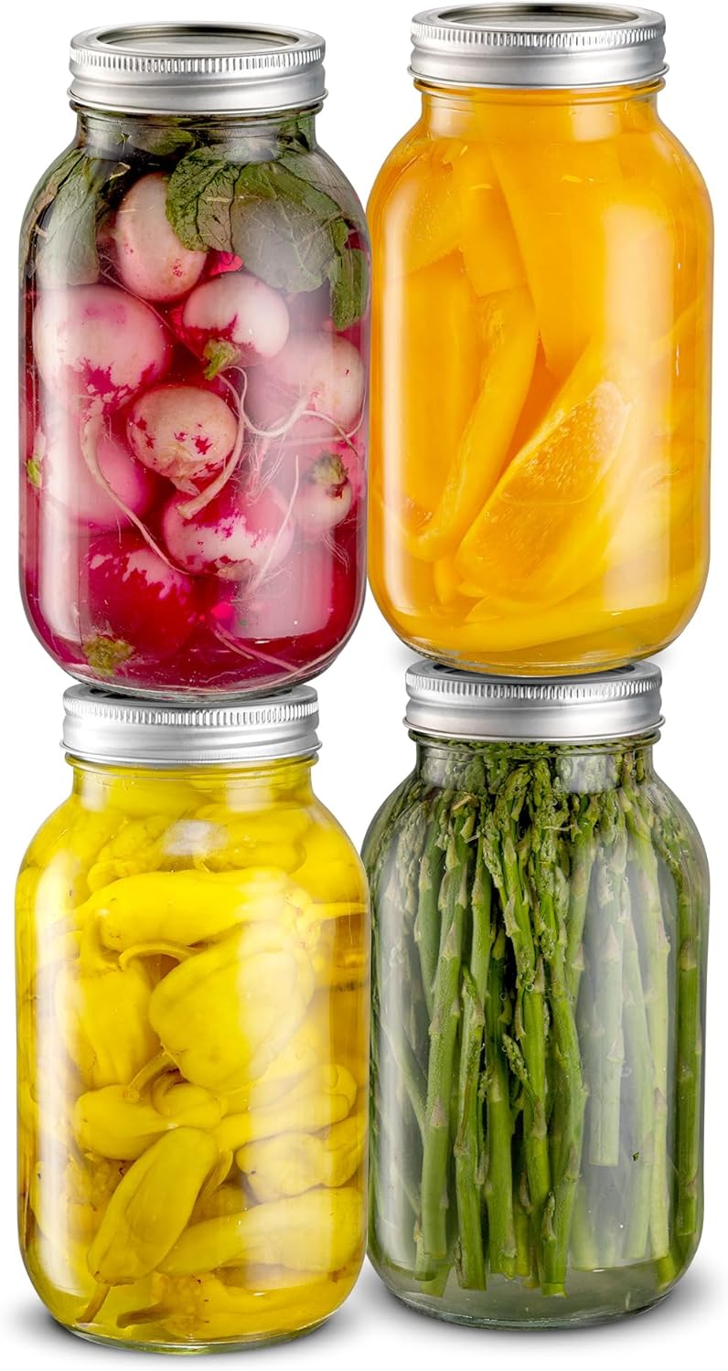 32oz Glass Canning Jars with Lids and Bands - Regular Mouth Mason Jars for Preserving Food, Juice, Jam, Honey - Set of 4