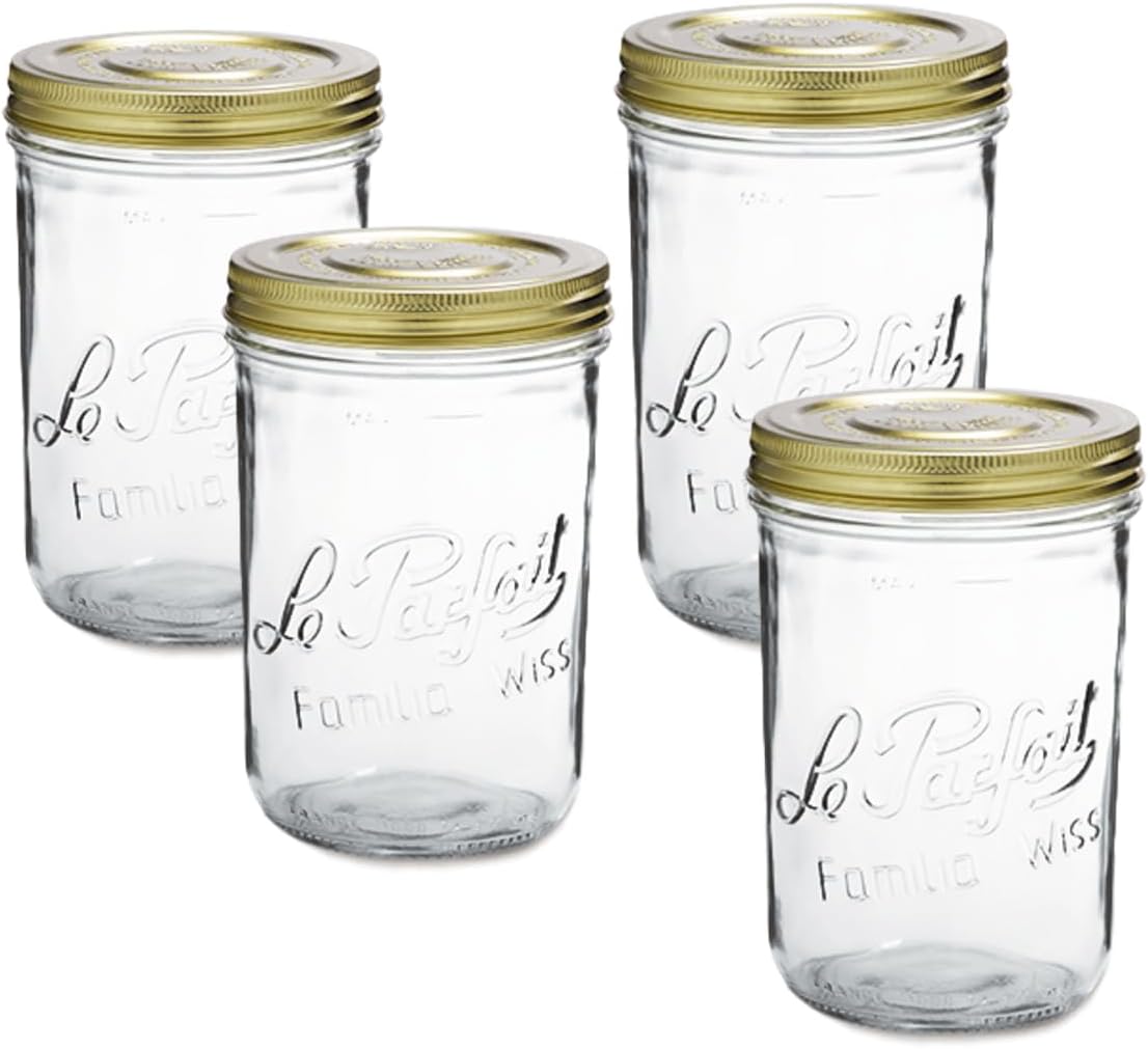 32oz Le Parfait Wide Mouth French Glass Jars with Airtight Gold Lids - Pack of 4 for Canning and Food Storage