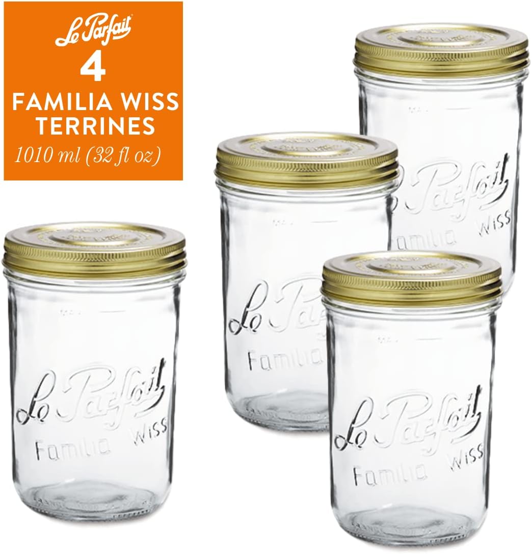 32oz Le Parfait Wide Mouth French Glass Jars with Airtight Gold Lids - Pack of 4 for Canning and Food Storage