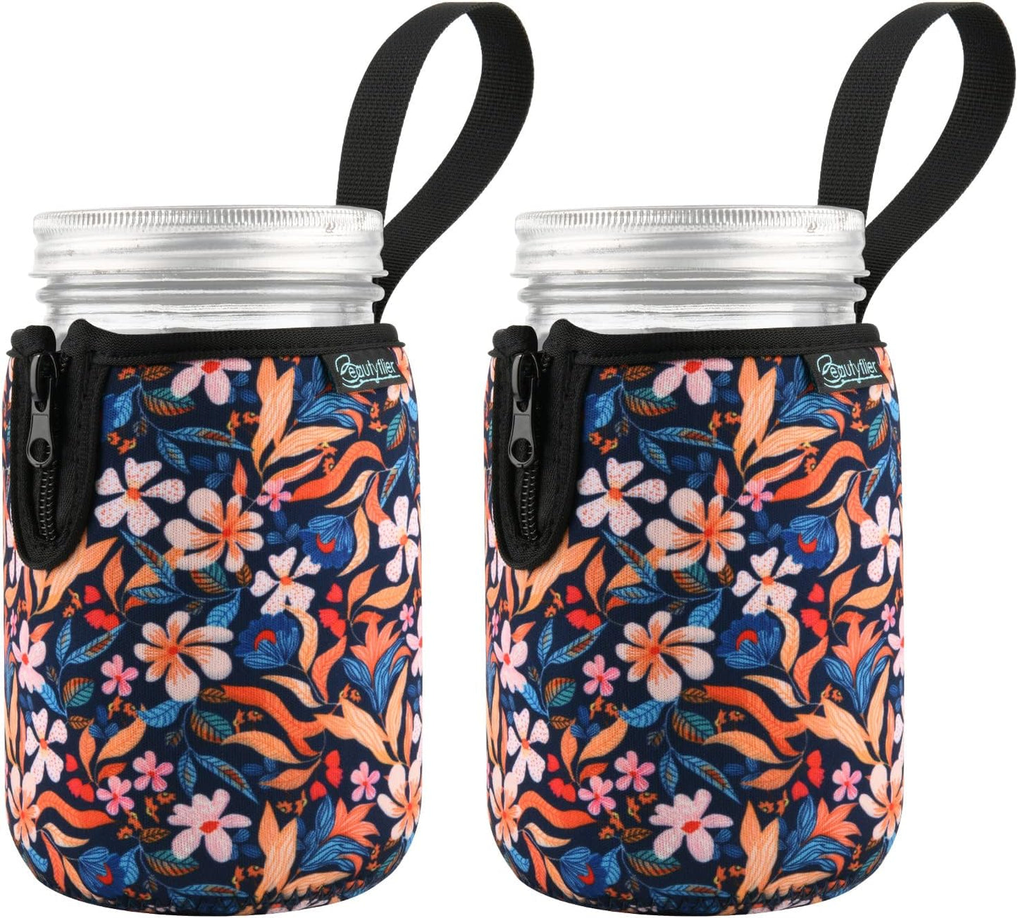 32oz Wide Mouth Mason Jars Insulating Sleeves - Set of 2, Perfect for Drinking, Sprouting, and Keeping Beverages Cool - Colorful Flower Design