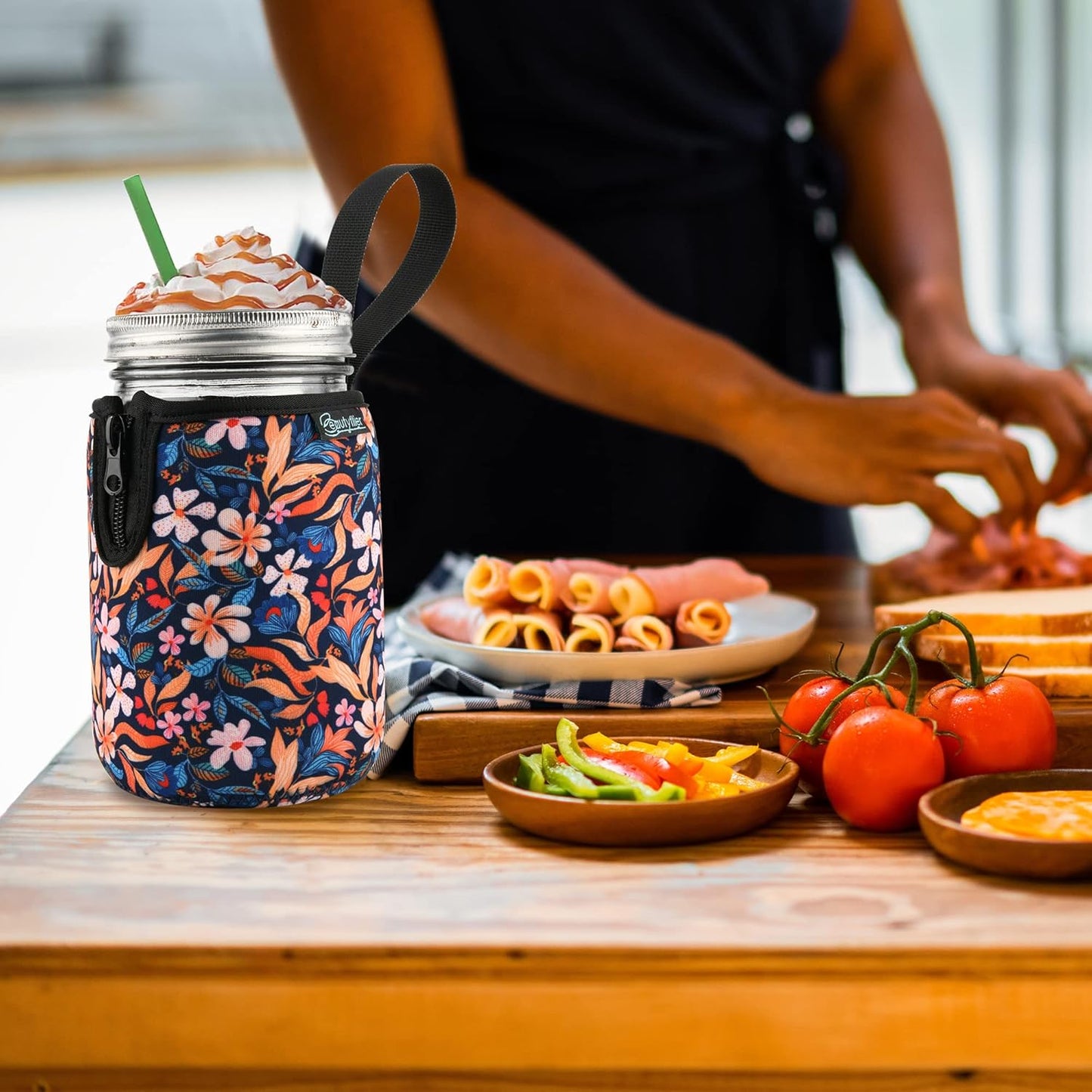 32oz Wide Mouth Mason Jars Insulating Sleeves - Set of 2, Perfect for Drinking, Sprouting, and Keeping Beverages Cool - Colorful Flower Design