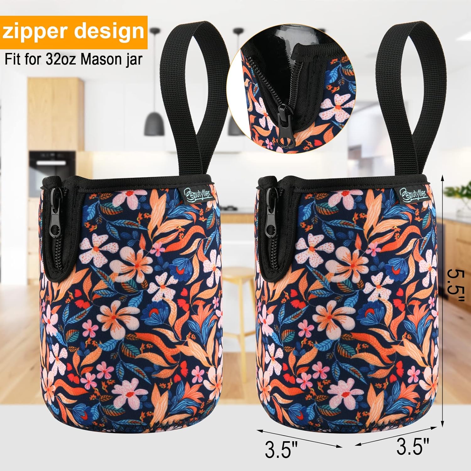 32oz Wide Mouth Mason Jars Insulating Sleeves - Set of 2, Perfect for Drinking, Sprouting, and Keeping Beverages Cool - Colorful Flower Design