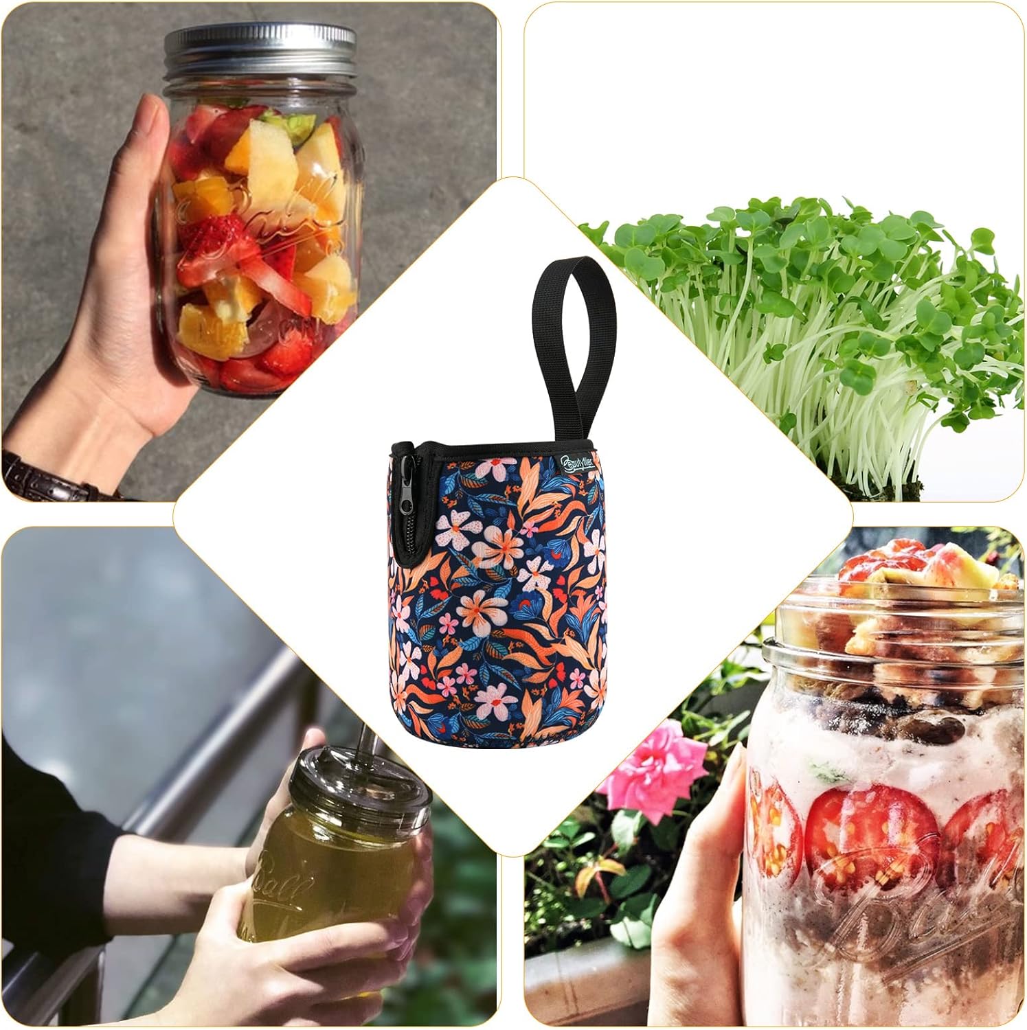 32oz Wide Mouth Mason Jars Insulating Sleeves - Set of 2, Perfect for Drinking, Sprouting, and Keeping Beverages Cool - Colorful Flower Design