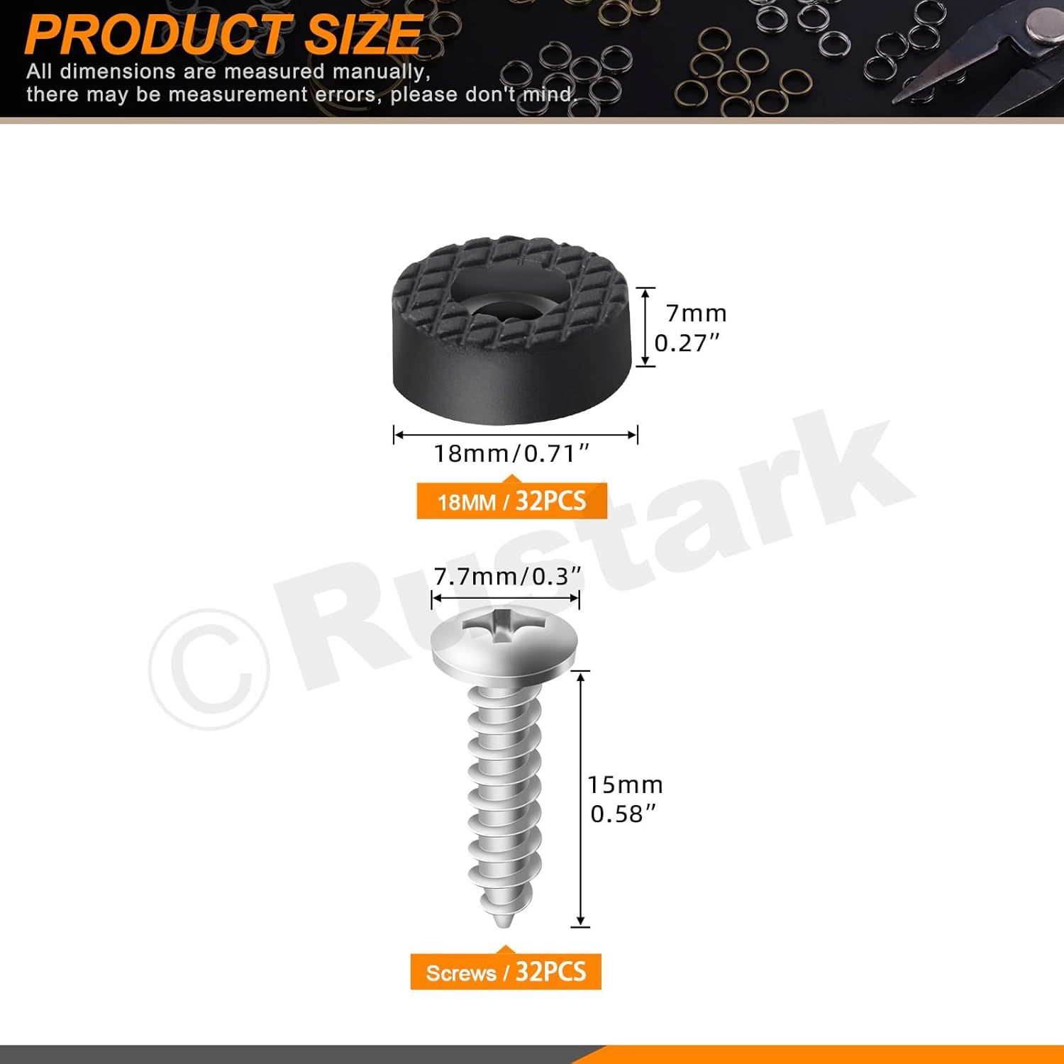 32Pcs 18MM Black Rubber Feet for Furniture, Cutting Boards, and Chairs - Non Slip Round Feet with Strong Screws