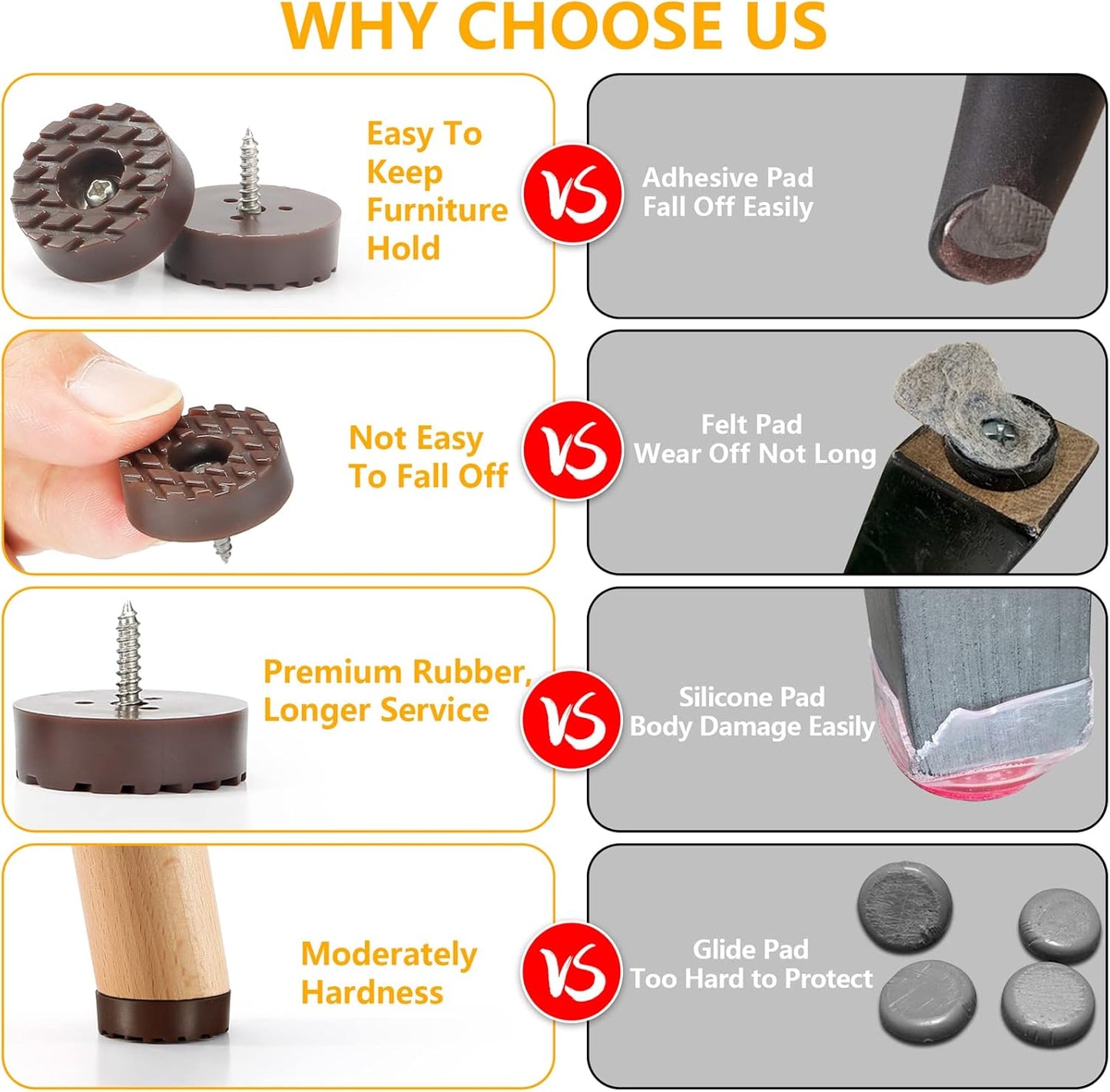 32PCS Brown Rubber Furniture Feet Protectors - Chair Leg Floor Pads for Hardwood Floors - Durable Non-Slip Bumpers for Cutting Boards - Screw-On Furniture Pads