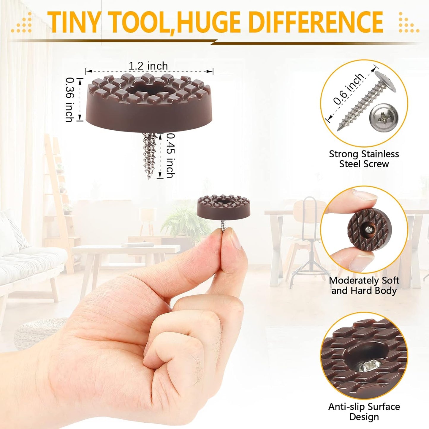 32PCS Brown Rubber Furniture Feet Protectors - Chair Leg Floor Pads for Hardwood Floors - Durable Non-Slip Bumpers for Cutting Boards - Screw-On Furniture Pads