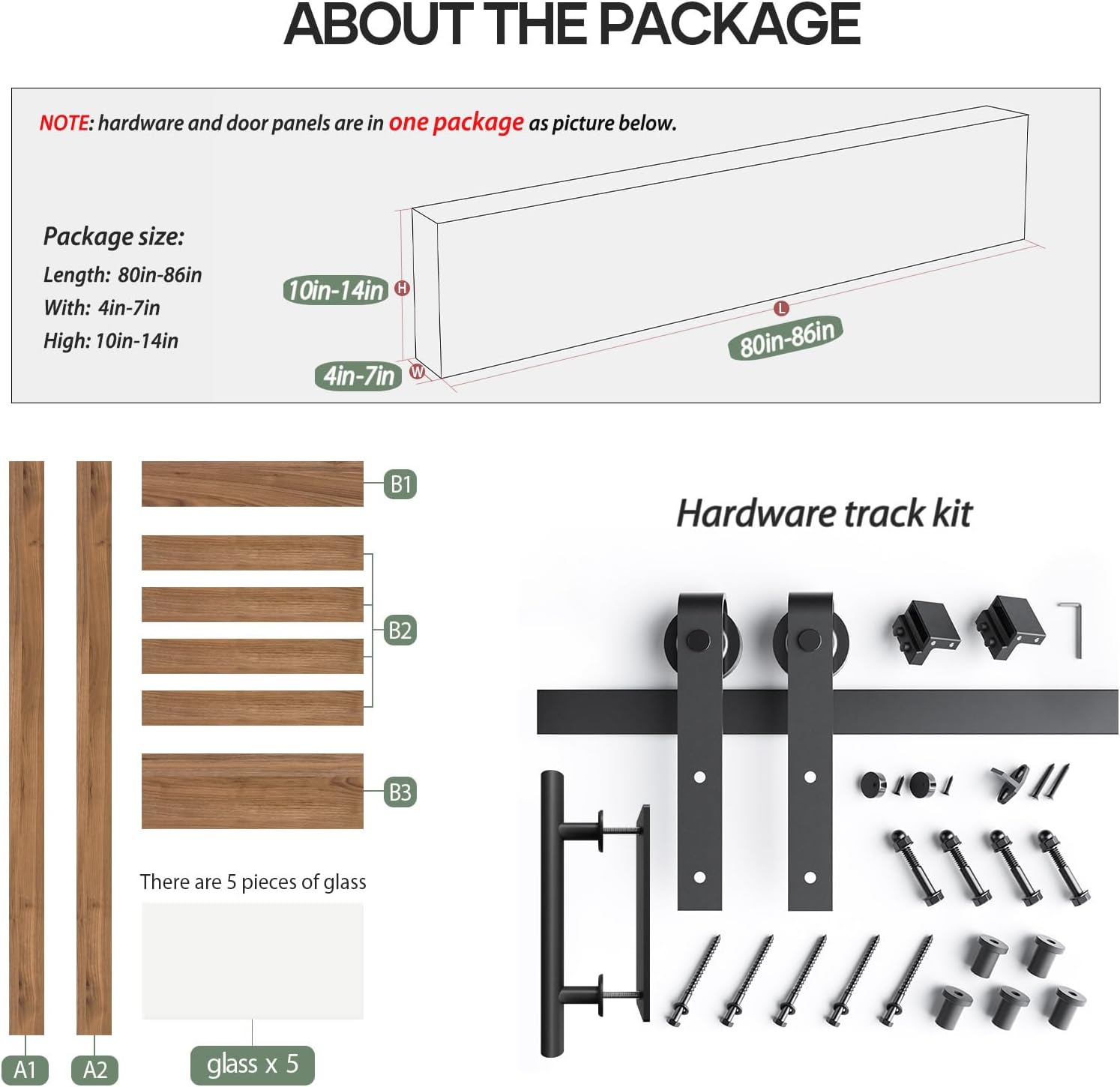 32x80 Glass Barn Door with Sliding Hardware Kit - 5-Panel Frosted Glass, Waterproof Surface, Easy Assembly - Fits 29-30in Opening