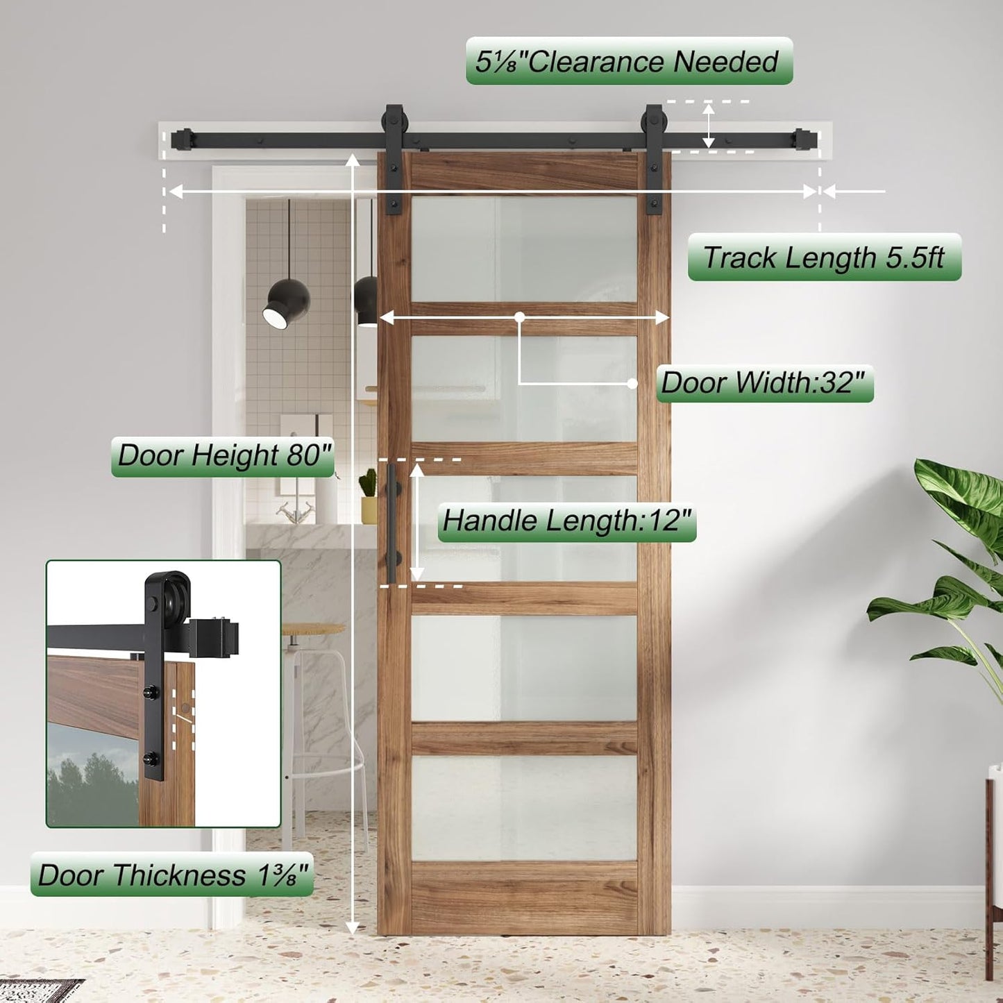 32x80 Glass Barn Door with Sliding Hardware Kit - 5-Panel Frosted Glass, Waterproof Surface, Easy Assembly - Fits 29-30in Opening