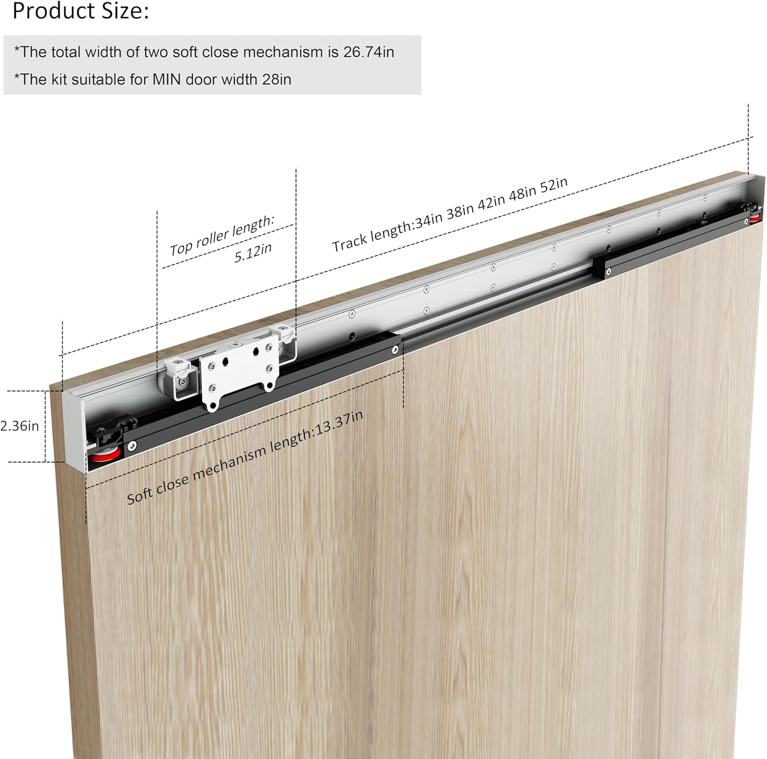34" DIYHD Sliding Barn Door Hardware Kit w/ Soft Close Mechanism - No Floor Track, Fits Openings 28" Wide - Concealed Installation