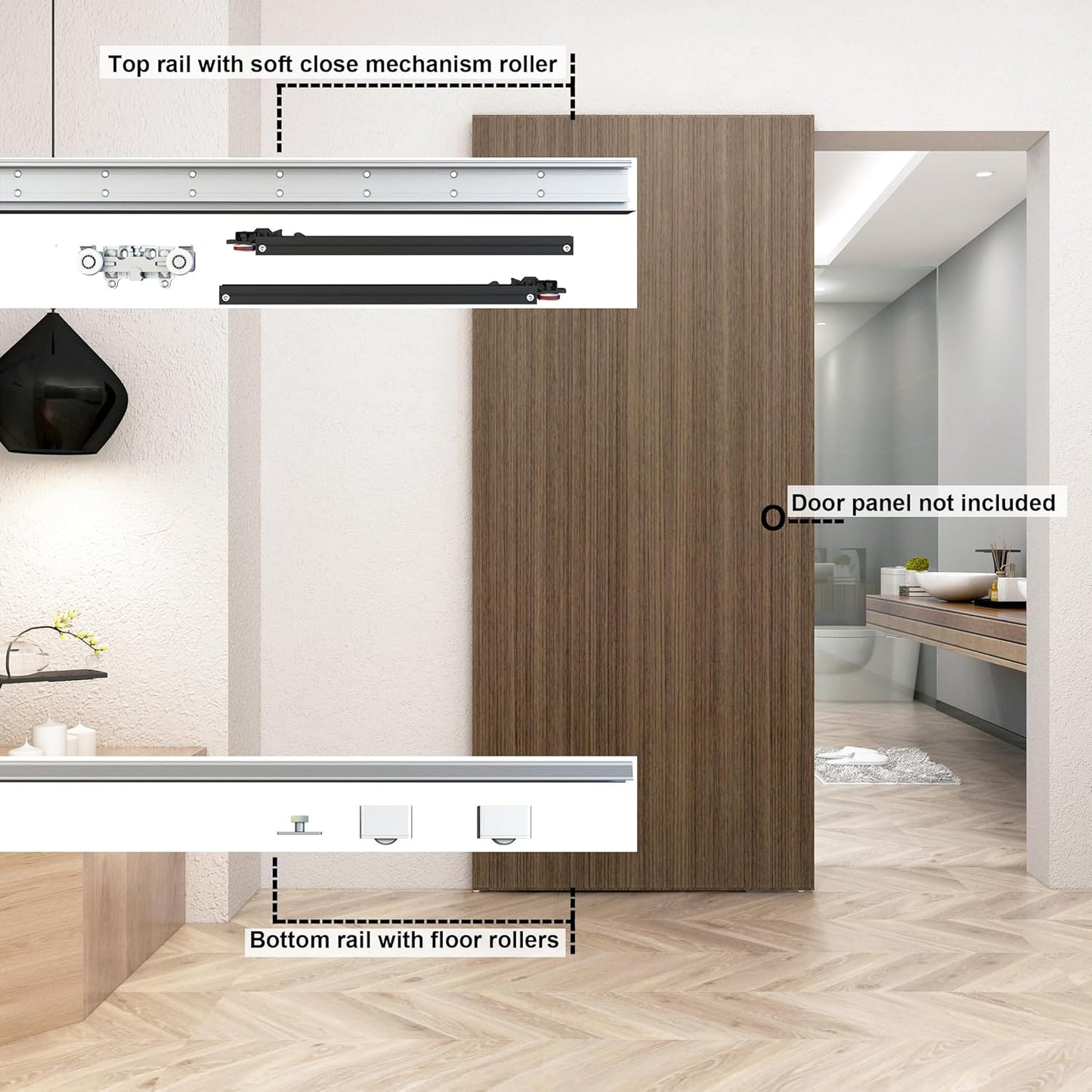 34" DIYHD Sliding Barn Door Hardware Kit w/ Soft Close Mechanism - No Floor Track, Fits Openings 28" Wide - Concealed Installation