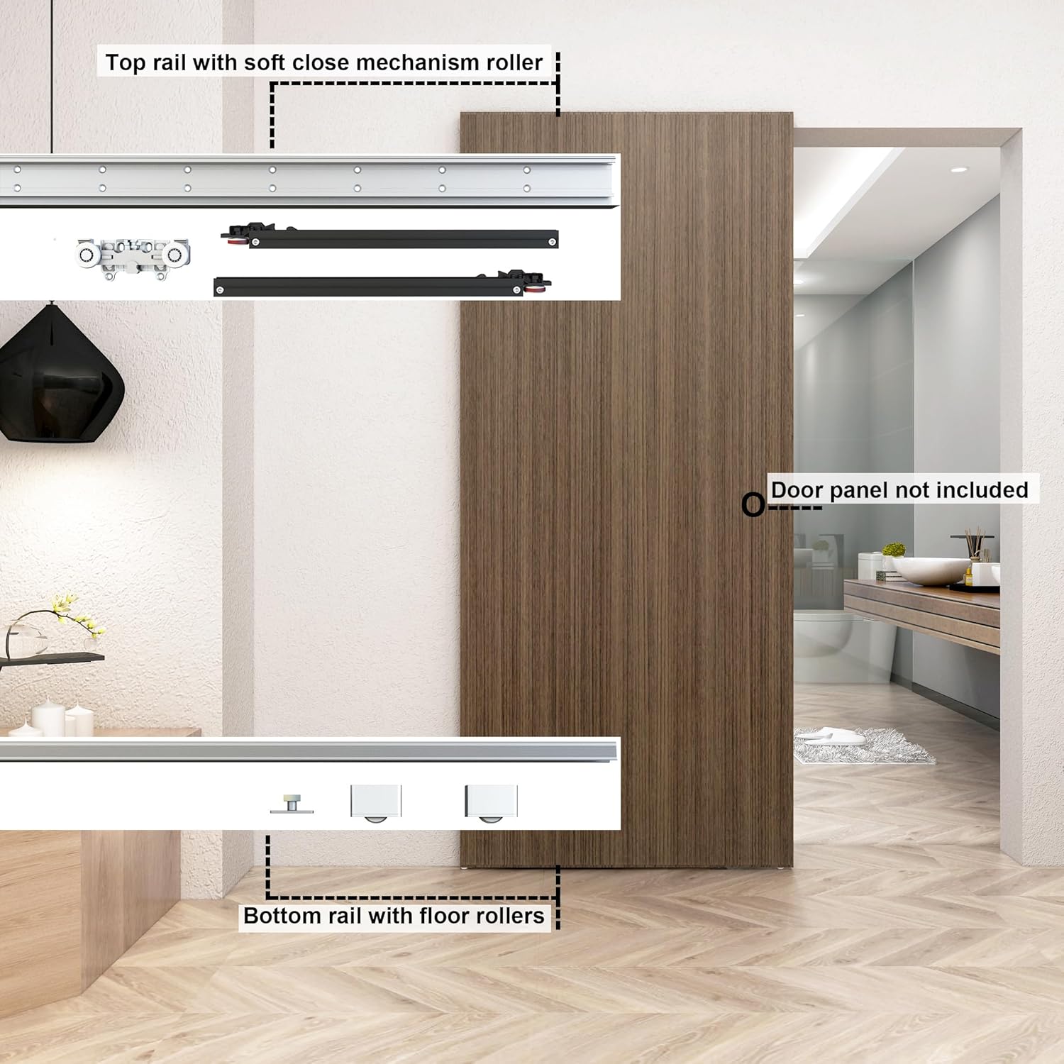 34" DIYHD Sliding Barn Door Hardware Kit w/ Soft Close Mechanism - No Floor Track, Fits Openings 28" Wide - Concealed Installation