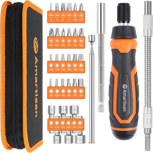 34-Piece Magnetic Ratchet Screwdriver Set with Multi-Bit Drivers - Slotted, Philips, Pozi, Torx, Hex