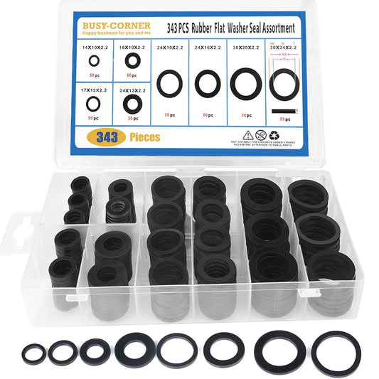 343-Piece Rubber Flat Washer Gasket Assortment, Buna-N 70A, 8 Sizes - Ideal Repair Kit for Faucet or Plumbing - Everyday Washer Needs Met