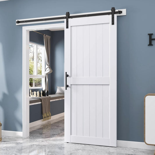 34in x 84in Sliding Barn Door & 6FT Hardware Track Kit - Water-Proof Solid Wood, DIY Easy Install - White