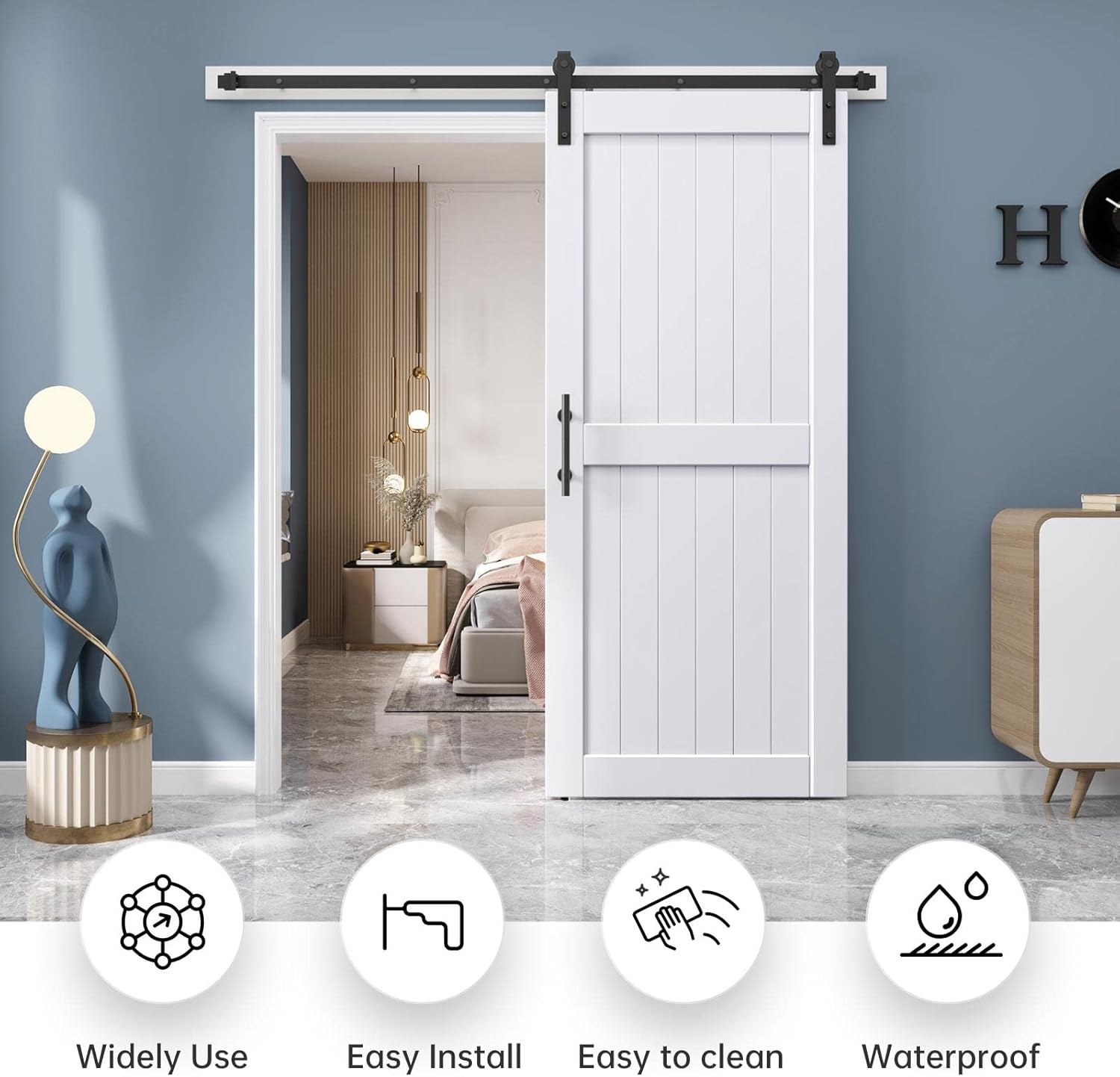 34in x 84in Sliding Barn Door & 6FT Hardware Track Kit - Water-Proof Solid Wood, DIY Easy Install - White