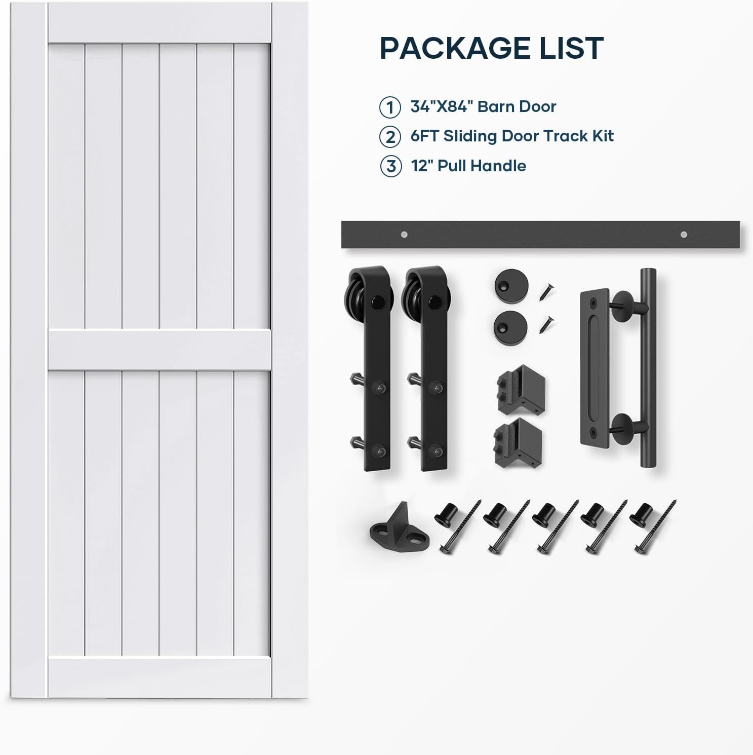 34in x 84in Sliding Barn Door & 6FT Hardware Track Kit - Water-Proof Solid Wood, DIY Easy Install - White