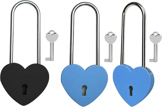 3.5" Heart Lock with Key, Black/Blue 50mm Matte Metal Love Padlock - Perfect for Lovelock Bridge, Jewelry Box, Diary & Card Box