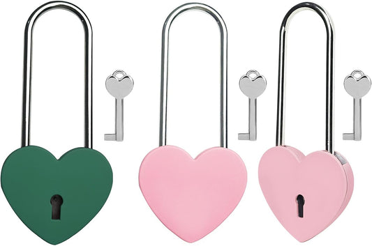 3.5" Heart Lock with Key in Green & Pink - Matte Metal Love Lock for Lovelock Bridge, Jewelry Box, Diary Book, Card Box