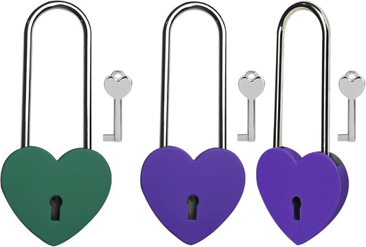 3.5" Heart Lock with Key in Green & Purple Matte Metal for Lovelock Bridge & Jewelry Box