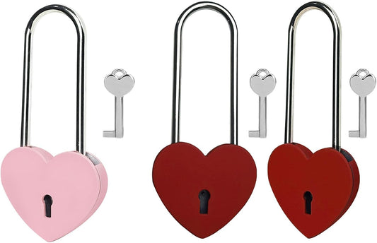 3.5" Heart Lock with Key in Pink and Red - Matte Metal Love Padlock for Lovelock Bridge, Jewelry Box, Diary Book