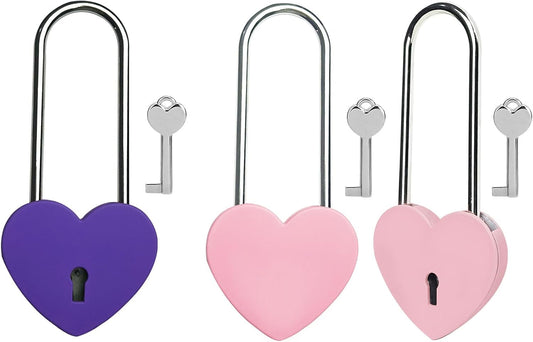 3.5" Heart Lock with Key in Purple/Pink Matte Metal - Love Padlock for Lovelock Bridge, Jewelry Box, Diary Book, Card Box