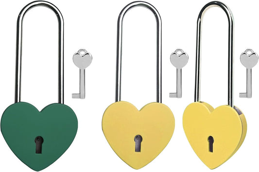 3.5 Inch Heart Lock with Key - Green/Yellow Matte Metal Love Padlock for Lovelock Bridge, Jewelry Box, Diary Book - 50mm