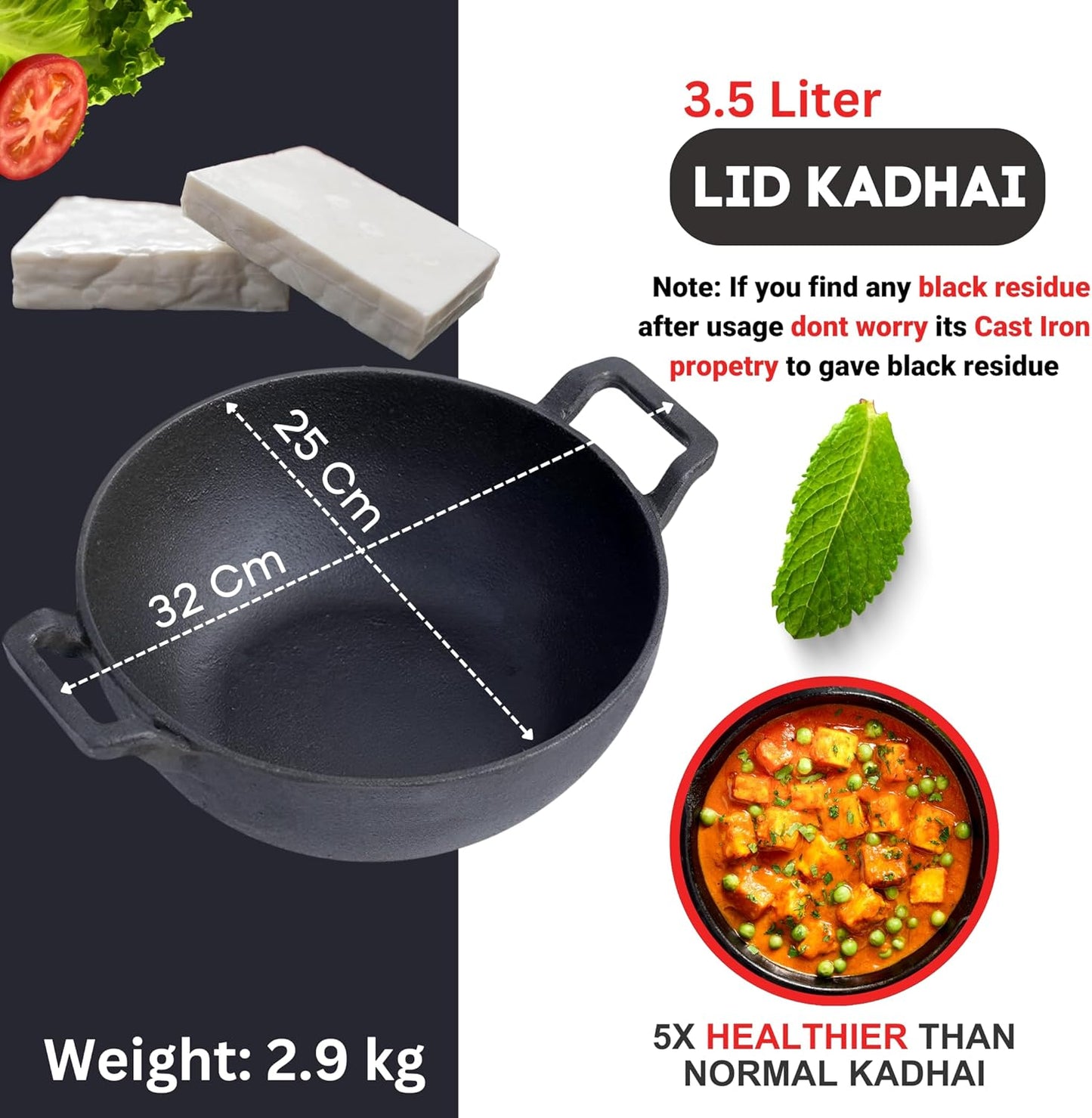 3.5 LTR Cast Iron Kadai for Cooking & Deep Frying | Gas & Induction Friendly | Loha Kadai