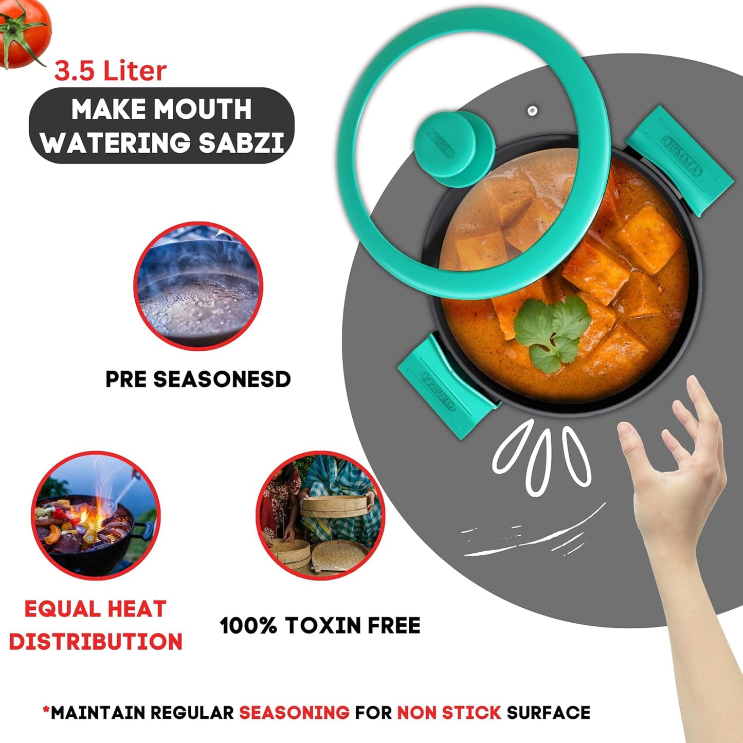 3.5 LTR Cast Iron Kadai for Cooking & Deep Frying | Gas & Induction Friendly | Loha Kadai