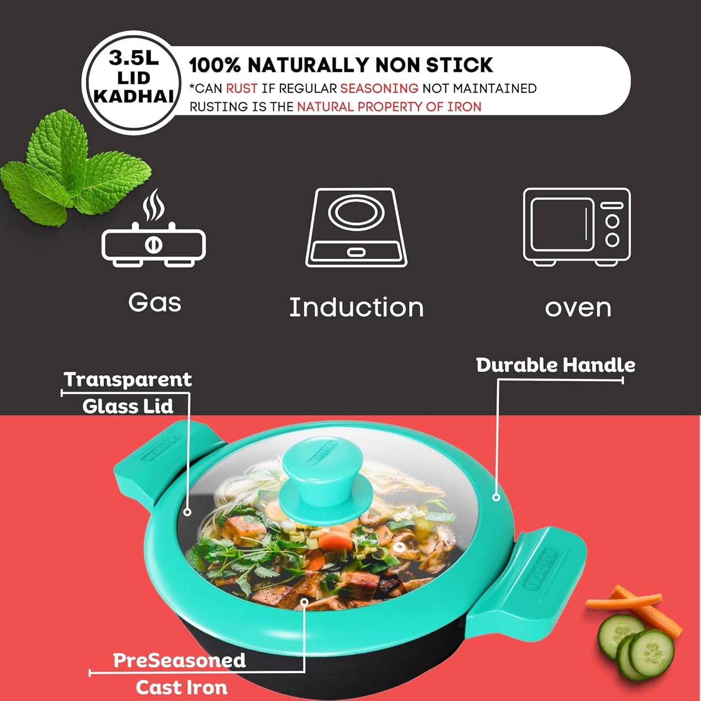 3.5 LTR Cast Iron Kadai for Cooking & Deep Frying | Gas & Induction Friendly | Loha Kadai