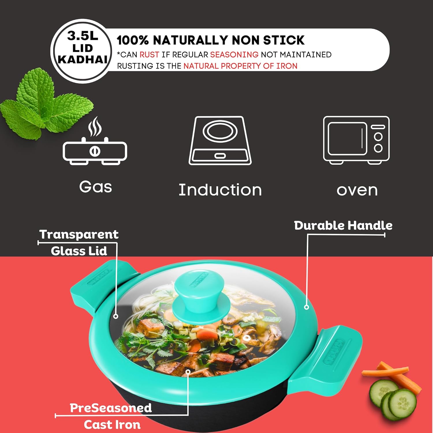 3.5 LTR Cast Iron Kadai for Cooking & Deep Frying | Gas & Induction Friendly | Loha Kadai