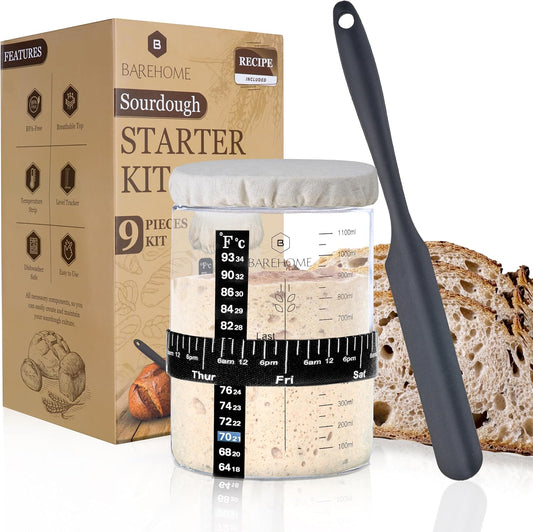 35 oz Sourdough Starter Jar Kit with Thermometer, Metal Lid, Dough Whisk - Ideal for Beginners & Pros