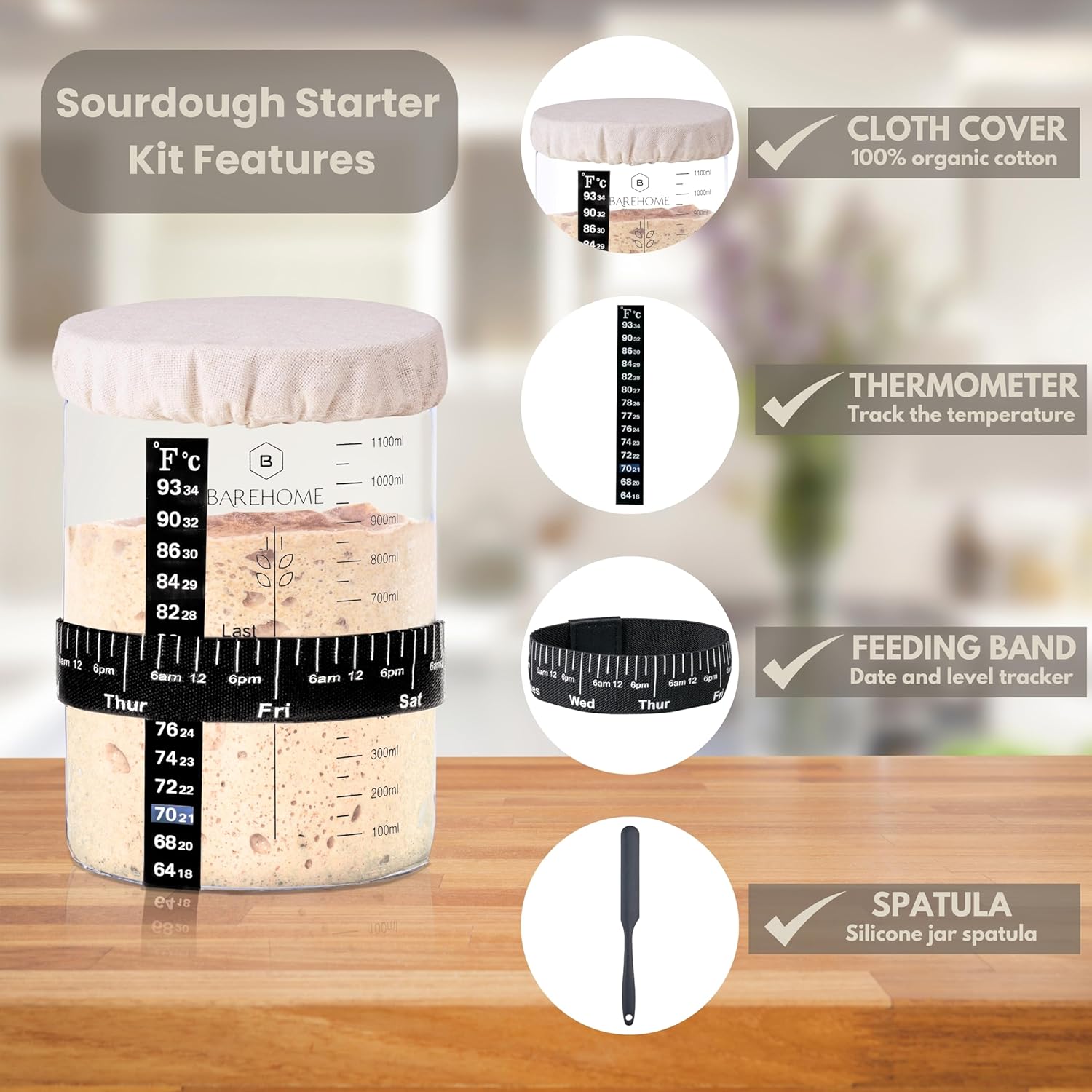35 oz Sourdough Starter Jar Kit with Thermometer, Metal Lid, Dough Whisk - Ideal for Beginners & Pros