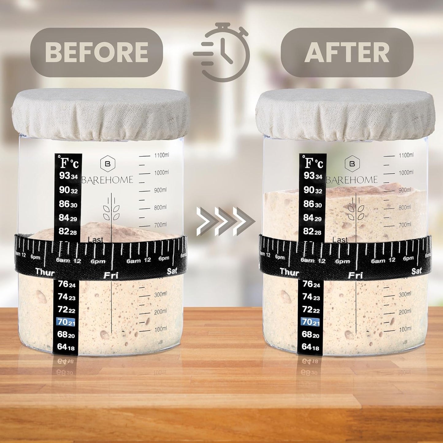 35 oz Sourdough Starter Jar Kit with Thermometer, Metal Lid, Dough Whisk - Ideal for Beginners & Pros