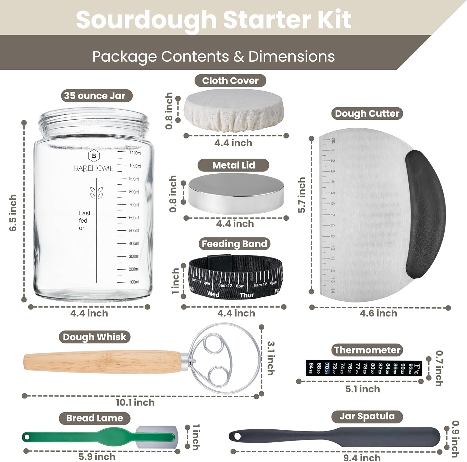 35 oz Sourdough Starter Jar Kit with Thermometer, Metal Lid, Dough Whisk - Ideal for Beginners & Pros