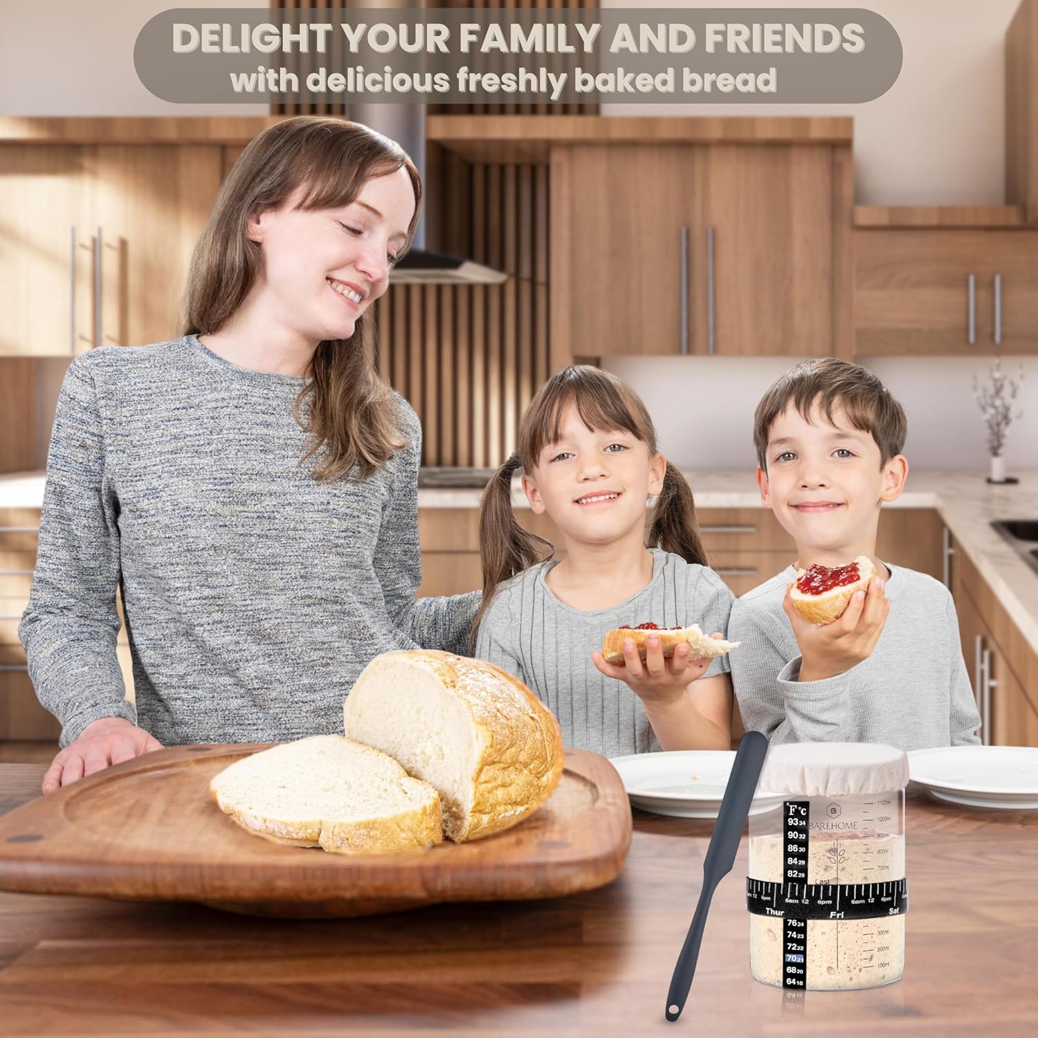 35 oz Sourdough Starter Jar Kit with Thermometer, Metal Lid, Dough Whisk - Ideal for Beginners & Pros