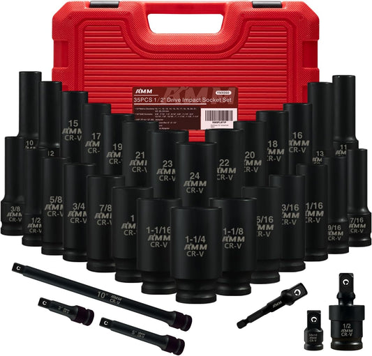 35-Piece AMM 1/2" Drive Deep Impact Socket Set with SAE and Metric Sizes, Extension Bars, Universal Joint, and Adapter - Cr-V Steel, 6 Point Design