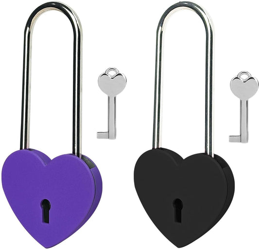 3.5" Purple and Black Heart Lock with Key - Matte Metal Love Padlock for Lovelock Bridge, Jewelry Box