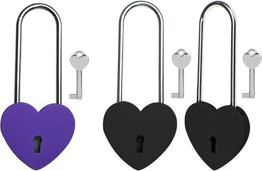 3.5" Purple and Black Heart Lock with Key - Matte Metal Love Padlock for Lovelock Bridge, Jewelry Box, Diary Book, Card Box