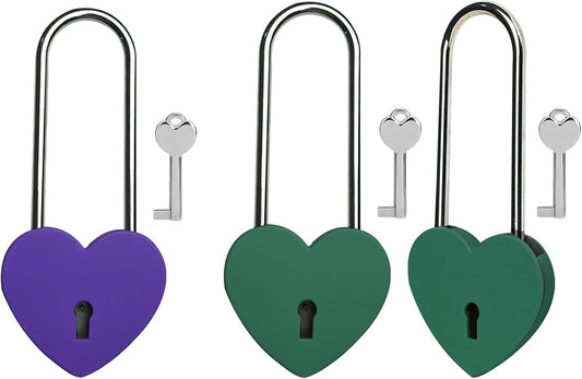 3.5" Purple and Green Heart Lock with Key - Matte Metal Love Padlock for Lovelock Bridge, Jewelry Box, Diary Book, and Card Box