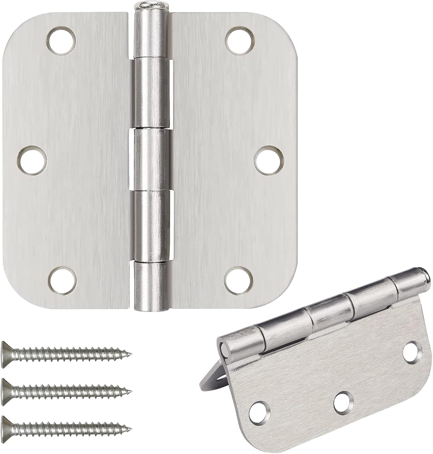 3.5 x 3.5 Inch Brushed Nickel Door Hinges with 5/8" Radius Corners - Pack of 3