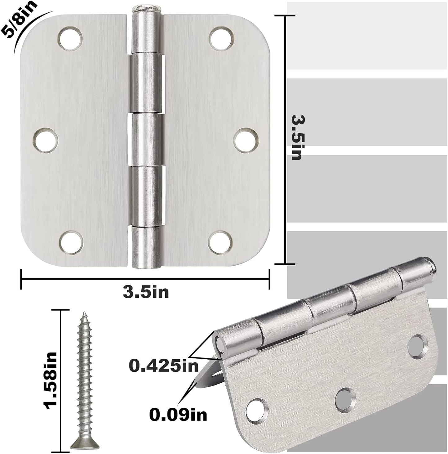 3.5 x 3.5 Inch Brushed Nickel Door Hinges with 5/8" Radius Corners - Pack of 3