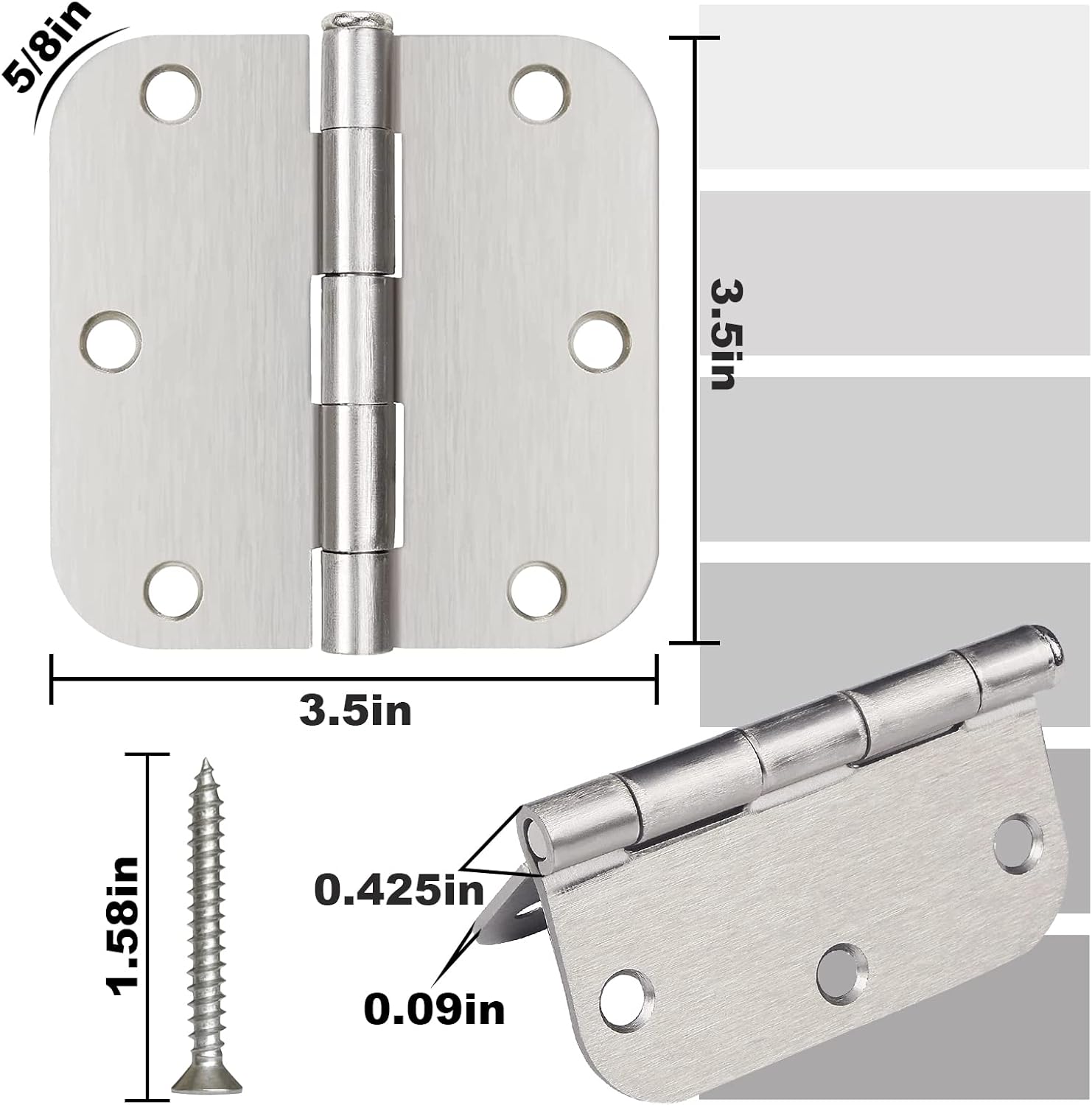 3.5 x 3.5 Inch Brushed Nickel Door Hinges with 5/8" Radius Corners - Pack of 3