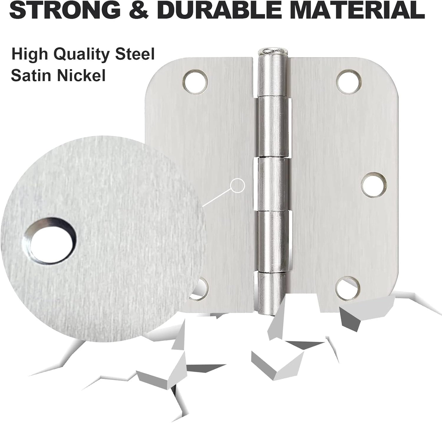 3.5 x 3.5 Inch Brushed Nickel Door Hinges with 5/8" Radius Corners - Pack of 3